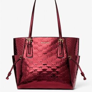 MICHAEL KORS Voyager Large Metallic Logo Debossed EW Shoulder Tote 
Cherry 
NWT
